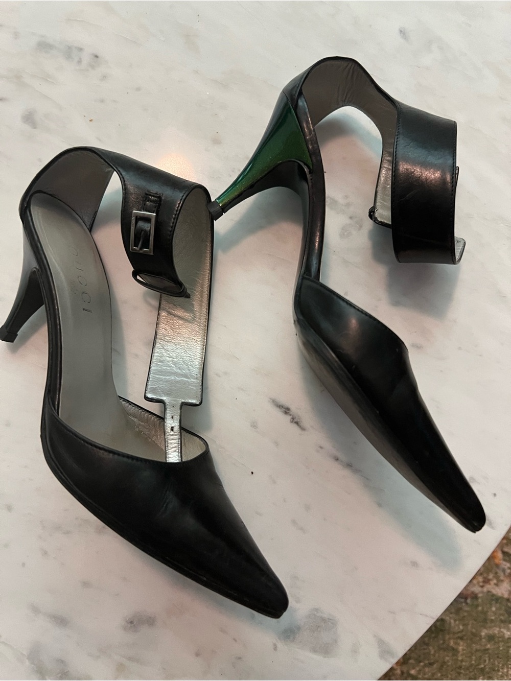 Gucci Black Pointed-Toe Slingback Heels with Green Accented Heel